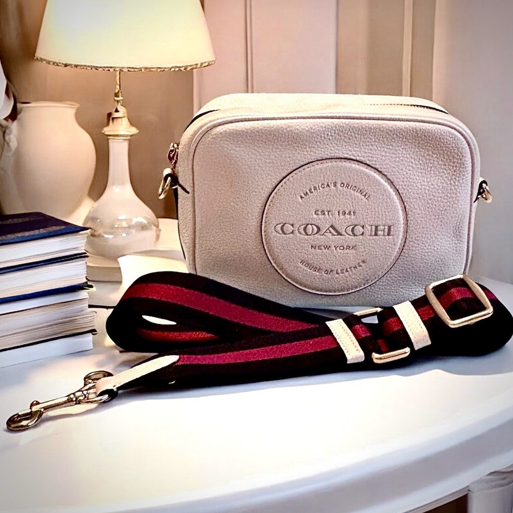 Coach Cream Crossbody Bag with Black and Burgundy Stripe Strap - Picture 3 of 16